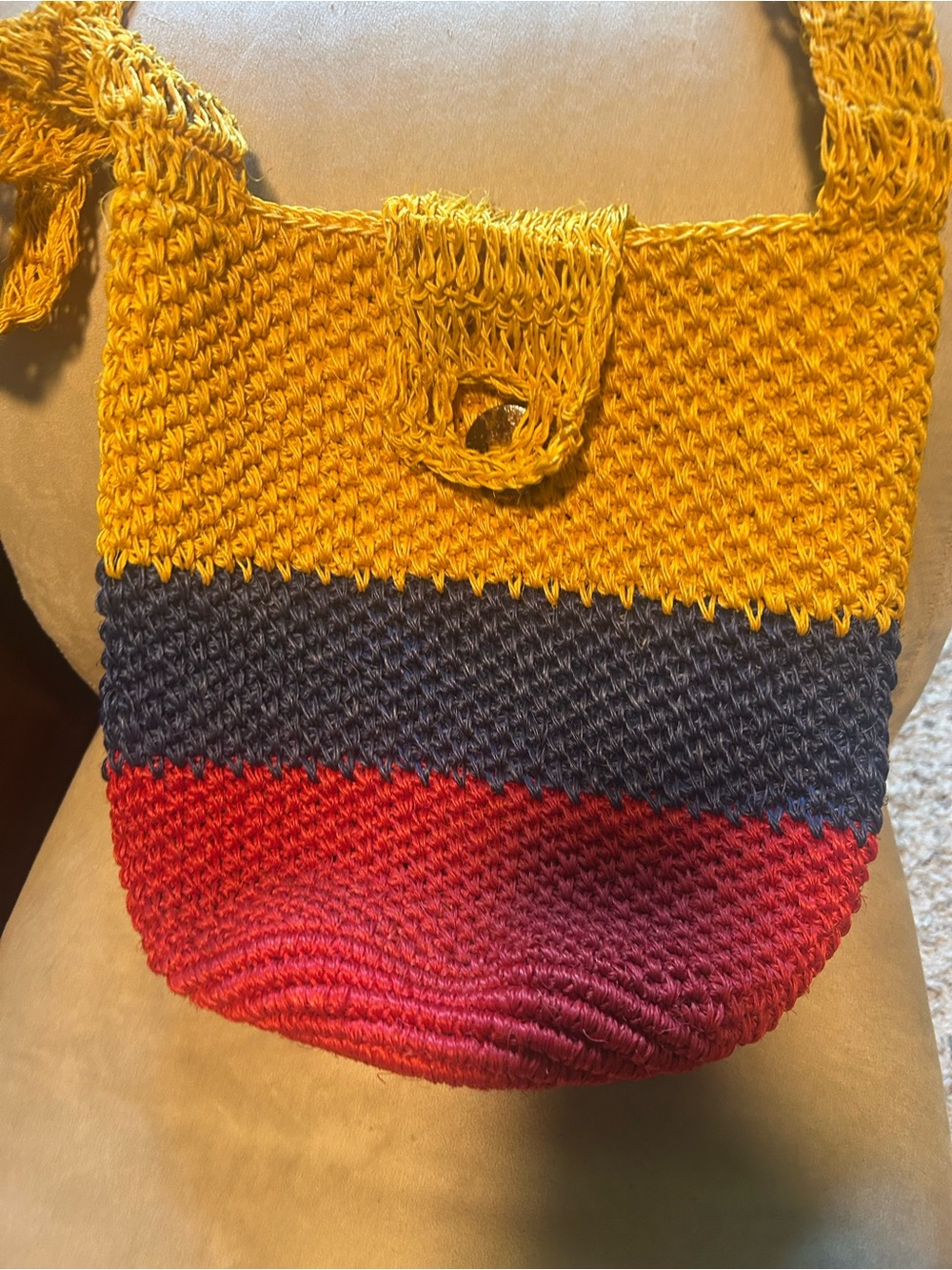 Handwoven Colorblock Straw Shoulder Bag in Mustard, Navy & Red